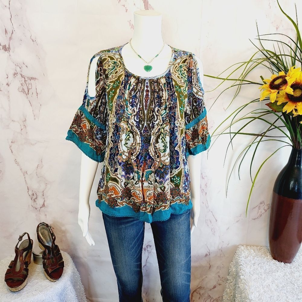Bila Teal Brown Paisley Cold-Shoulder Blouse